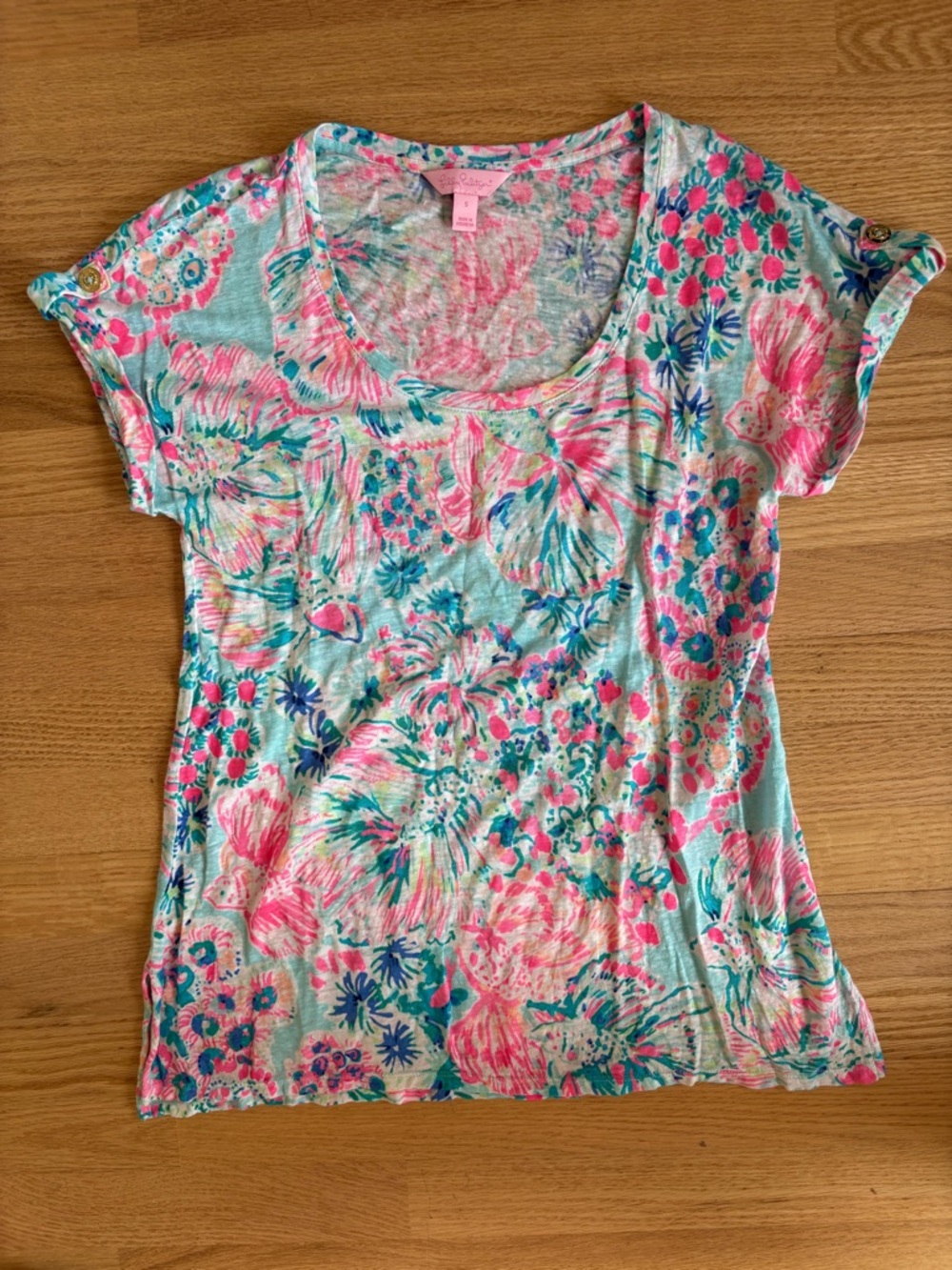 Lilly Pulitzer Floral Short Sleeve Tee - Pink & Aqua 100% linen